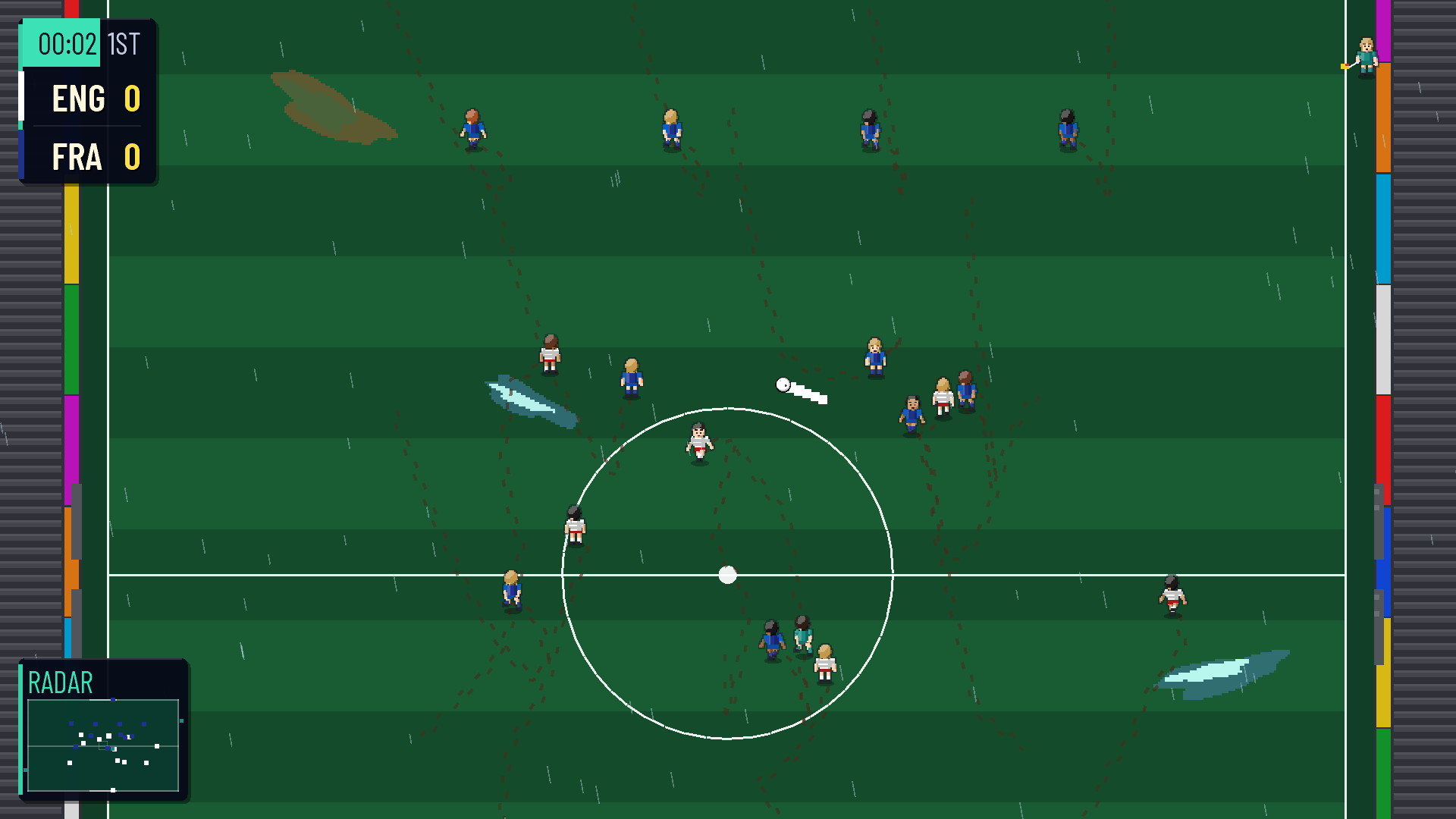 Fabulous Football gameplay in rain, with puddles and mud on the pitch